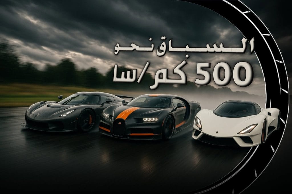 سيارة بوغاتي شيرون سوبر سبورت 300 بلس سوداء مع توضيح حاجز سرعة 500 كم في الساعة