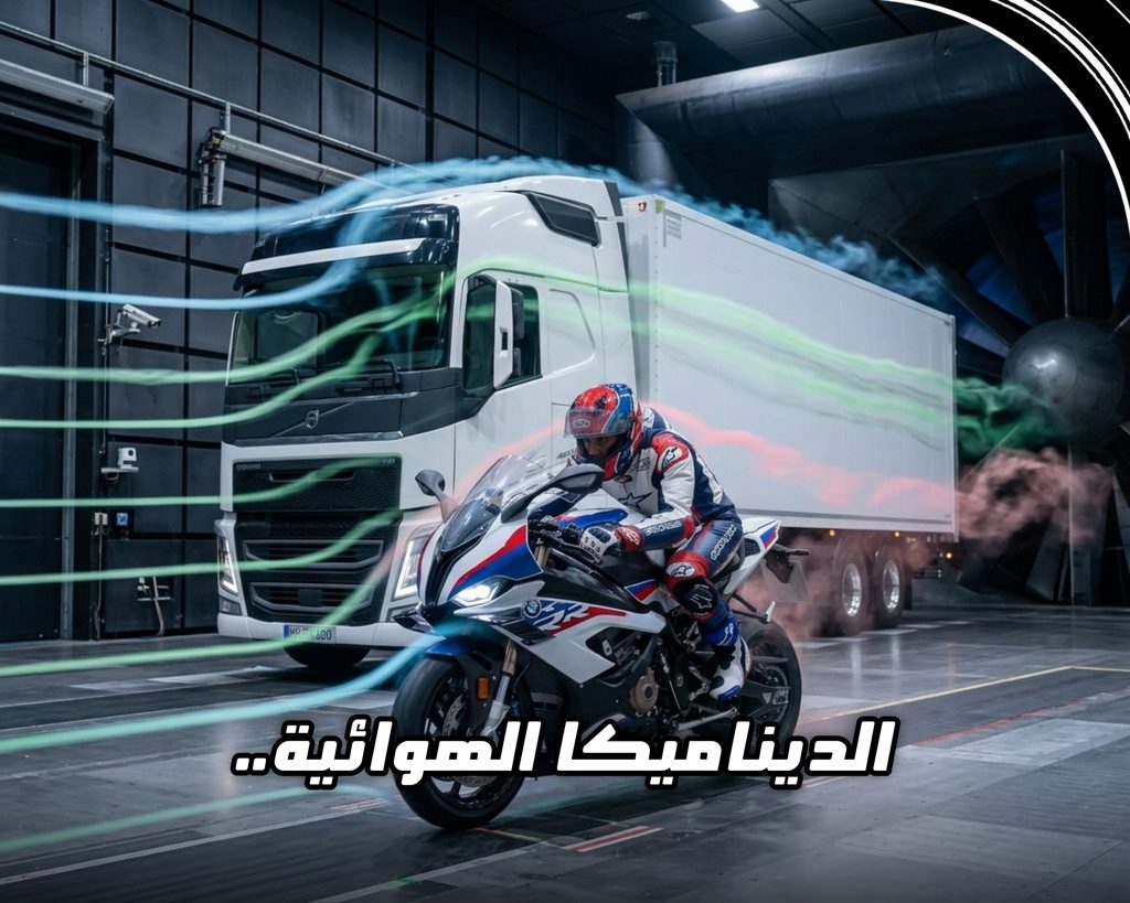 تصميم يجمع بين شاحنة فولفو FH16 ودراجة BMW S1000RR مع خطوط انسيابية للهواء تمثل الديناميكا الهوائية وضغط الرياح