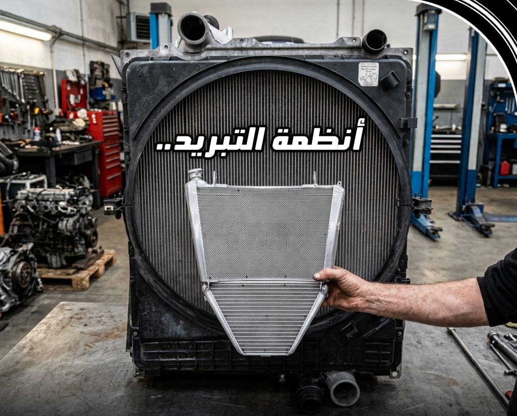 رادياتور تبريد ضخم لقطعة محرك شاحنة في الورشة مع عبارة المقارنة الفائقة أنظمة التبريد في واجهة الصورة