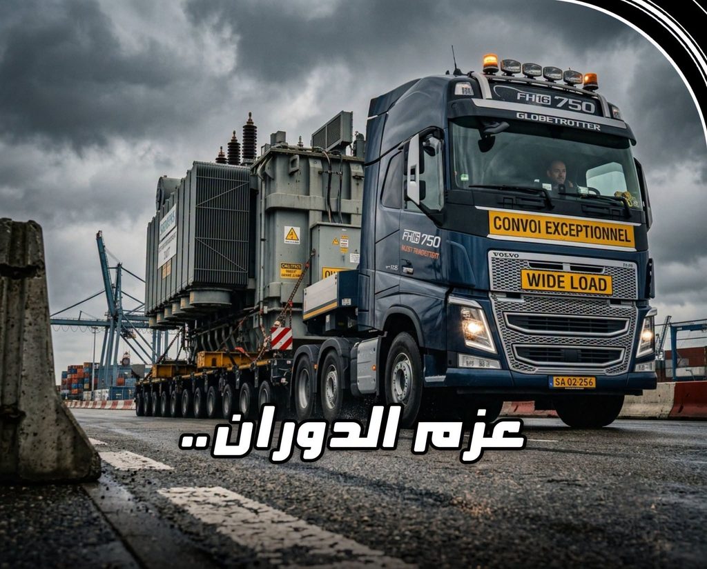 شاحنة فولفو ثقيلة تسير على الطريق السريع مع كتابة عنوان المقارنة الفائقة عزم الدوران