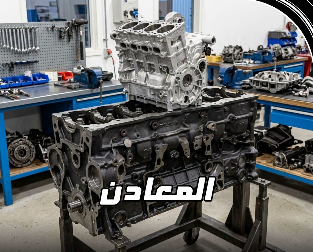 هيكل محرك سيارة ومكوناته الميكانيكية المعروضة في ورشة مع كتابة كلمة المعادن في المنتصف