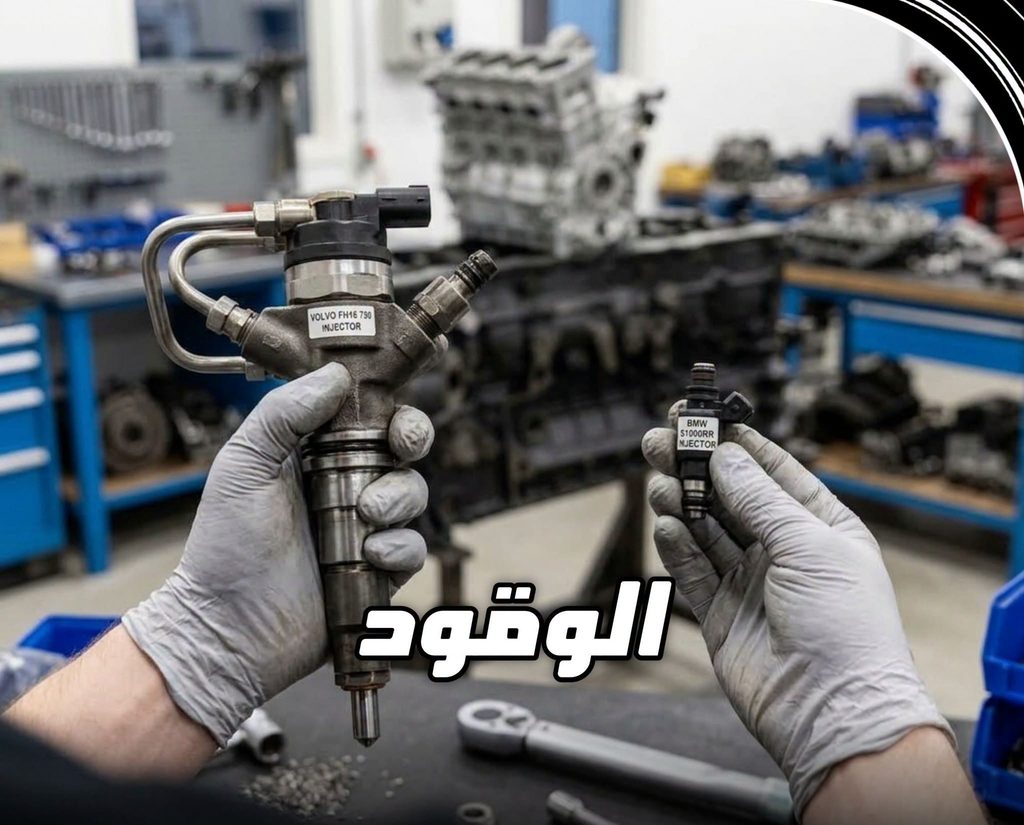 مقارنة بين بخاخ ديزل لشاحنة فولفو وبخاخ بنزين لدراجة بي أم دبليو مع كلمة الوقود في المنتصف