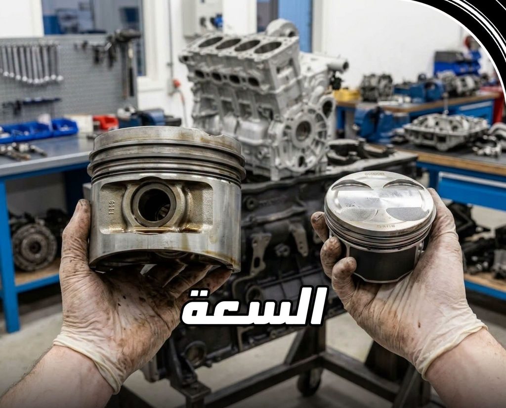 مكبس محرك ضخم في يد ميكانيكي مع كتلة محرك في الخلفية وعبارة السعة في منتصف الصورة