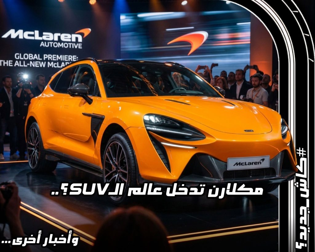 تصميم تخيلي لسيارة ماكلارين الرياضية البرتقالية في المقدمة مع عبارة كاش جديد وأخبار أخرى على جانب الصورة