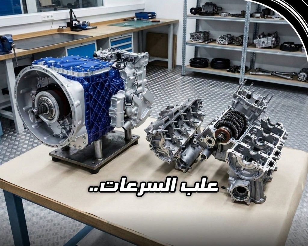 مكونات علبة سرعات هندسية معروضة على طاولة ورشة عمل ومكتوب عليها "علب السرعات" ضمن سلسلة المقارنة الفائقة