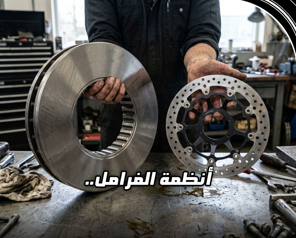 شخص يمسك بقرص فرامل معدني ضخم في ورشة عمل مع عبارة أنظمة الفرامل ضمن سلسلة المقارنة الفائقة