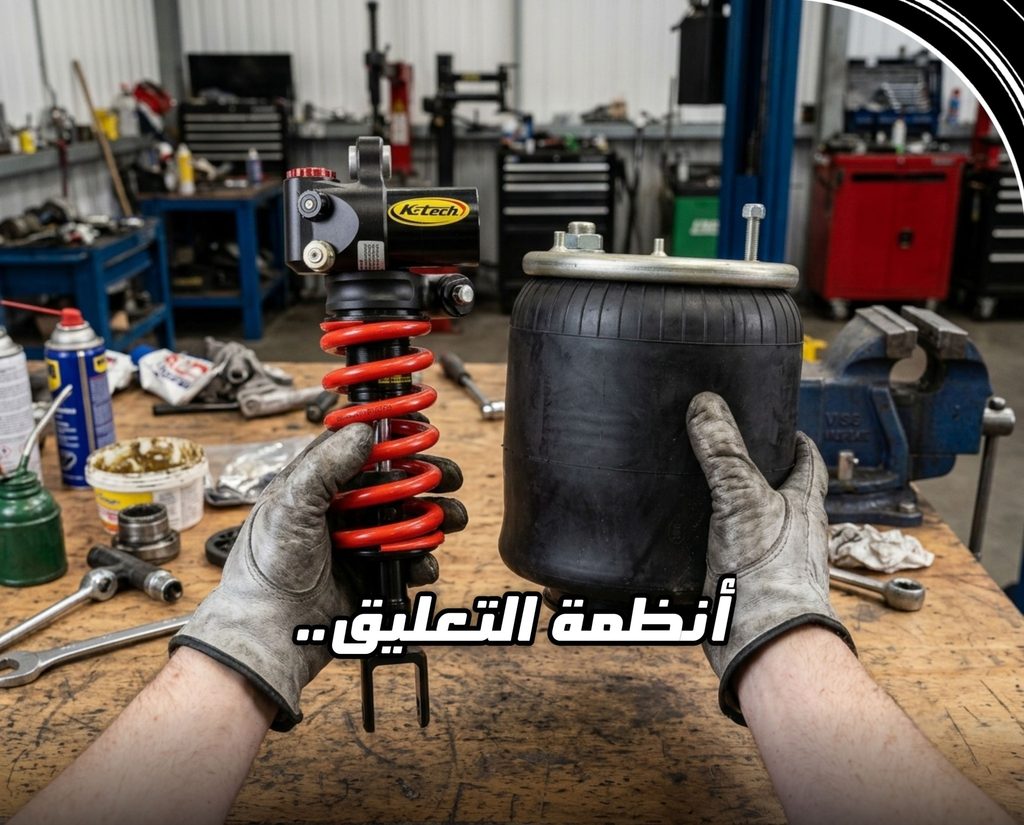 نابض تعليق ووسادة هوائية في ورشة عمل مع عبارة أنظمة التعليق ضمن سلسلة المقارنة الفائقة