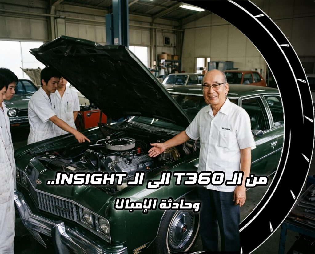 سويتشيرو هوندا يقف بجانب سيارة وفي الخلفية مهندسون يعملون على المحرك مع عبارة "من الـ T360 إلى الـ Insight وحادثة الإمبالا" في المقدمة