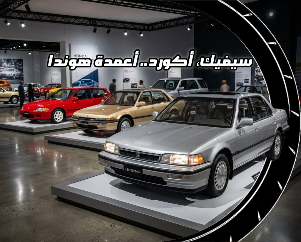 سيارات هوندا الكلاسيكية سيفيك وأكورد ولجند معروضة في معرض مع عبارة سيفيك أكورد لجند أعمدة هوندا في الواجهة