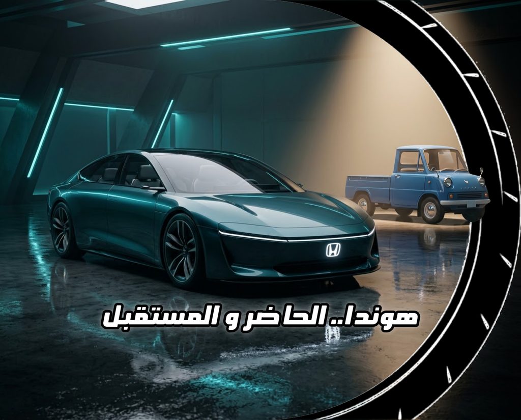 سيارة هوندا زيرو المستقبلية الكهربائية باللون الأسود وبجانبها شاحنة هوندا كلاسيكية قديمة مع عبارة "هوندا.. الحاضر والمستقبل" في واجهة الصورة