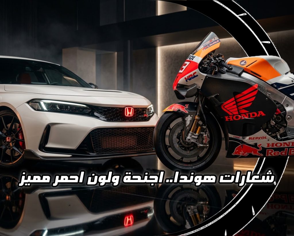 سيارة هوندا ذات شعار أحمر وبجانبها دراجة نارية من هوندا مع عبارة "شعارات هوندا.. أجنحة ولون أحمر مميز" في الواجهة
