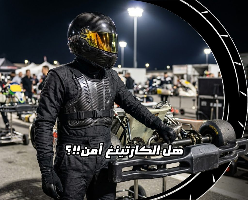 سائق كارتينغ يرتدي خوذة وبدلة حماية كاملة يقف بجانب مركبته على الحلبة مع عبارة "هل الكارتينغ آمن !؟" مكتوبة في واجهة الصورة