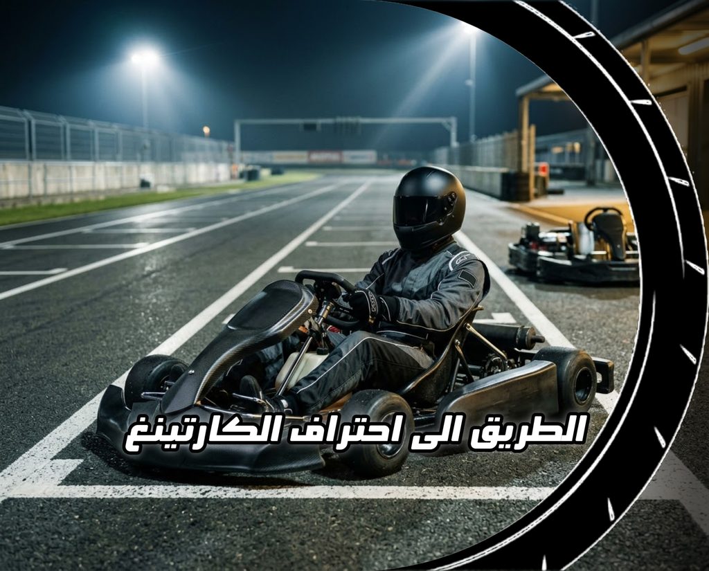 سائق يرتدي خوذة ويقود مركبة كارتينغ سوداء على الحلبة مع عبارة "الطريق الى احتراف الكارتينغ" مكتوبة في واجهة الصورة