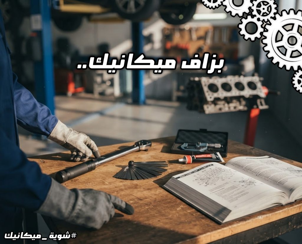 طاولة عمل في ورشة ميكانيكية بها أدوات قياس ودليل صيانة مع عبارة "بزاف ميكانيك.." بارزة في وسط الصورة