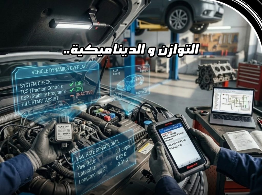 شاشة فحص رقمية تظهر بيانات ديناميكية السيارة مع عبارة "التوازن والديناميكية.. الملاك الحارس" في واجهة المقال