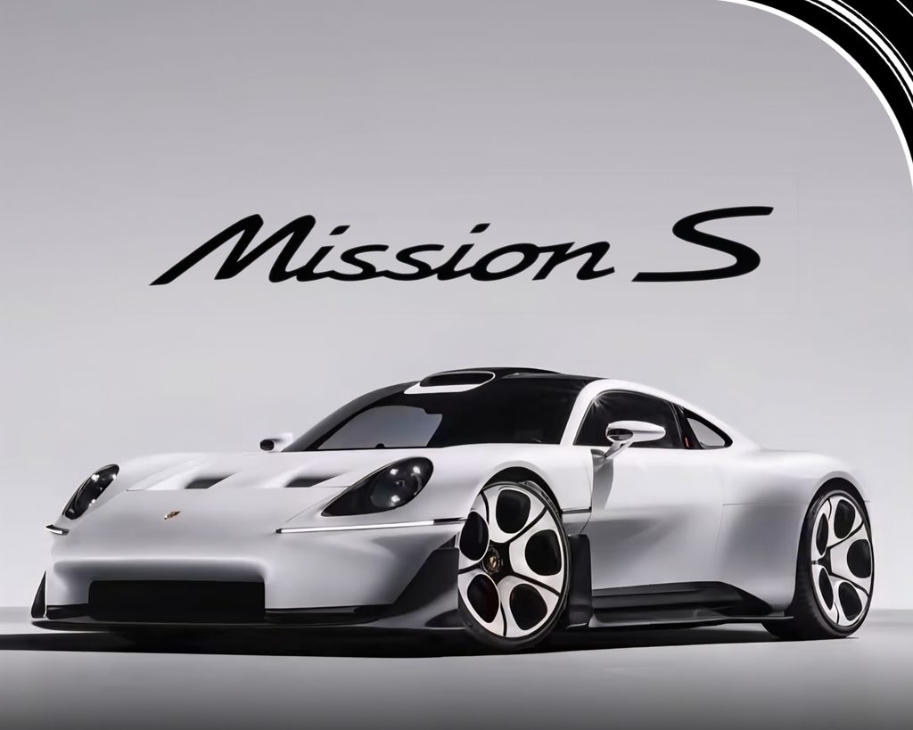 سيارة Porsche Mission S الاختبارية البيضاء مع شعار Mission S الواضح على واجهة المقال