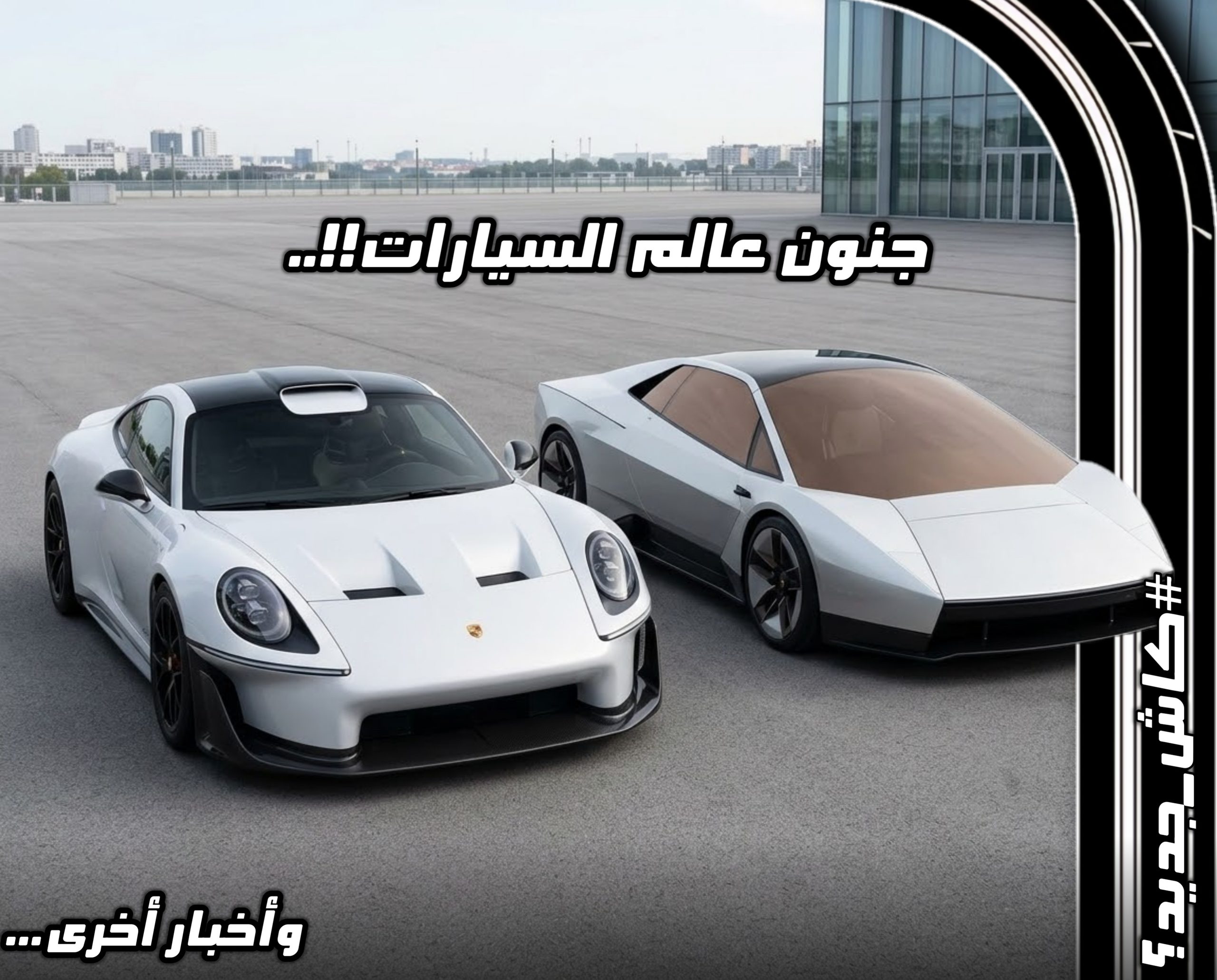 لقطة لواجهة مقال كاش جديد تجمع سيارتي بورش وتيسلا مع عبارة "جنون عالم السيارات وأخبار أخرى"