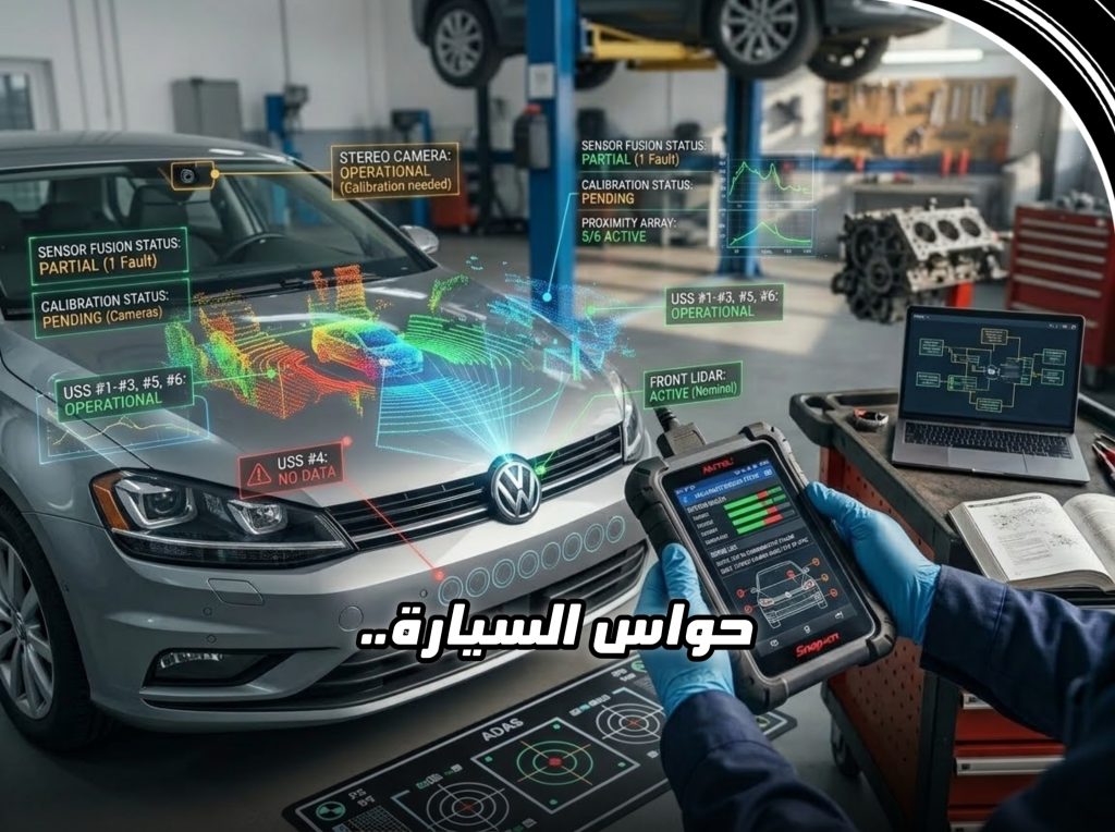 شاشة فحص رقمية تظهر مسح الرادارات والكاميرات لزوايا السيارة مع عبارة "حواس السيارة.. عيون النقطة العمياء والمسار" في واجهة المقال