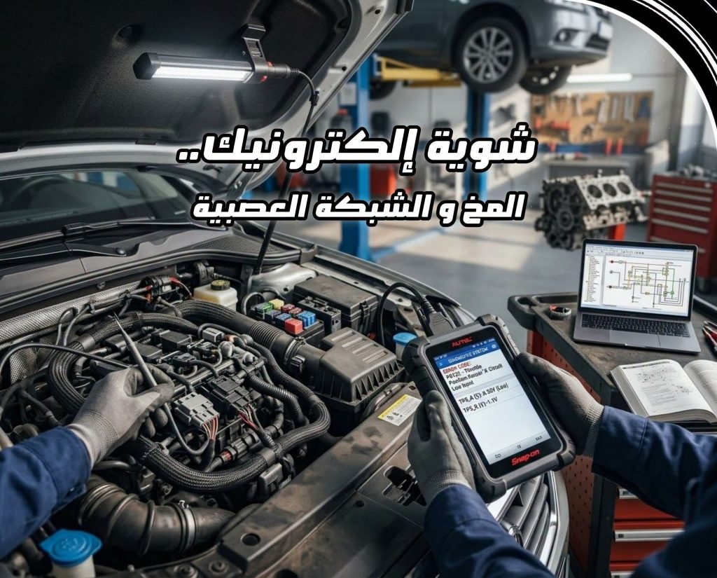 محرك سيارة مفتوح ومعه جهاز فحص كمبيوتر ومحمول يعرض مخططات كهربائية مع عبارة "شوية إلكترونيك.. المخ والشبكة العصبية" في الواجهة